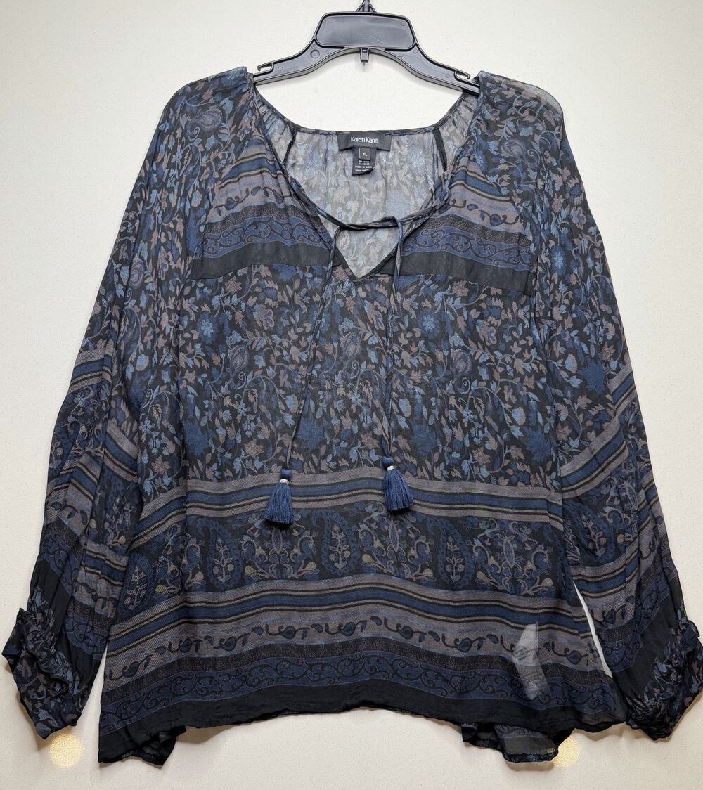 Karen Kane Size XL Black Floral Paisley Black Blue Feminine Top Semi Sheer